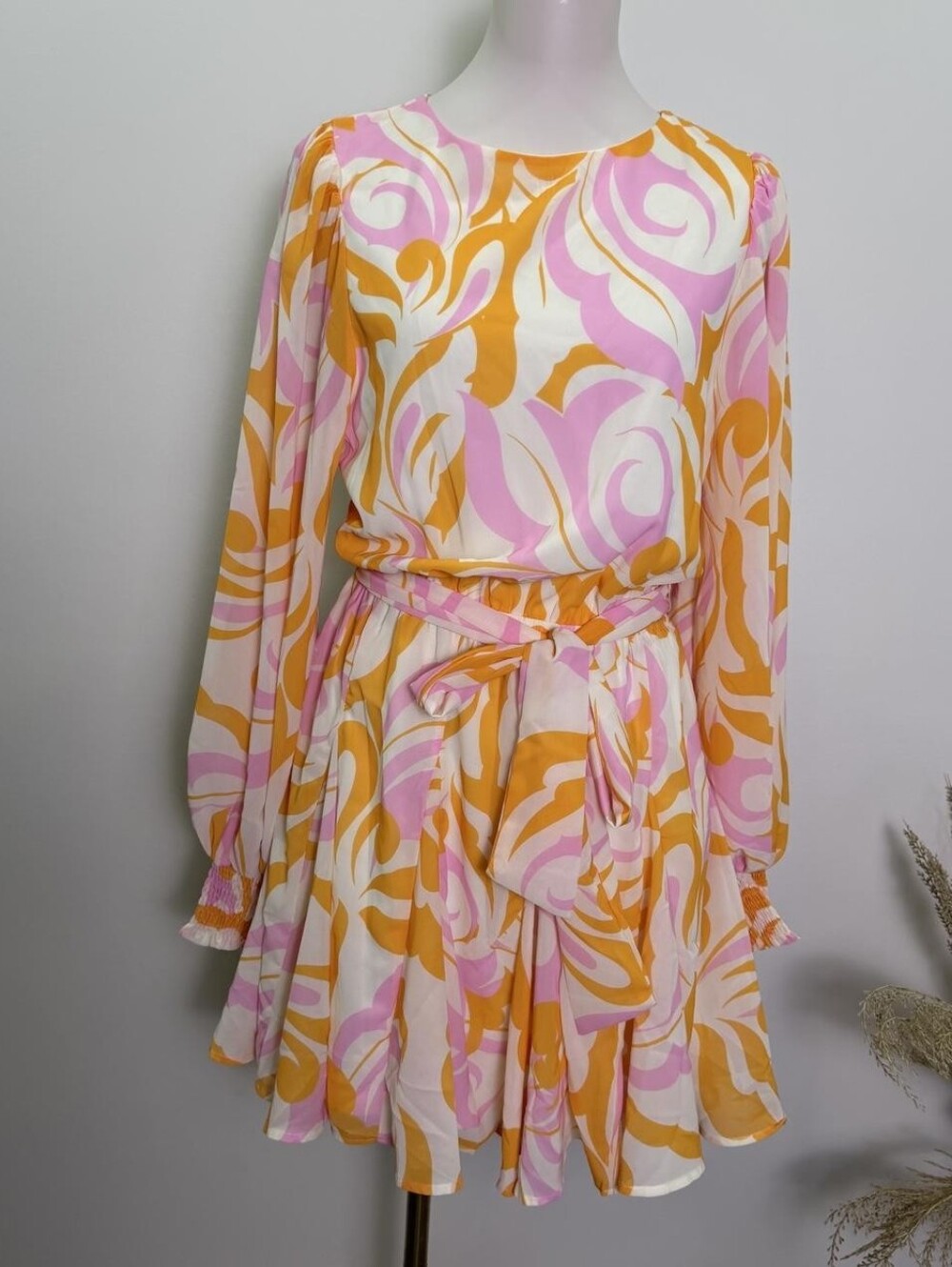 Retro Swirl Pink & Orange Long-Sleeve  Elastic Tie Waist Dress Fun Flirty
